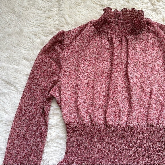 Bardot Dress Georgette Soft Floral Tiered Shirred Mini Long Sleeve Pink M - Picture 6 of 14